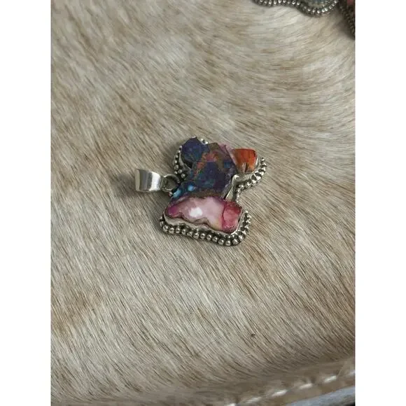 Native American Sterling Silver SW Pink Dahlia Turquoise Cow Sheep Bull Pendant